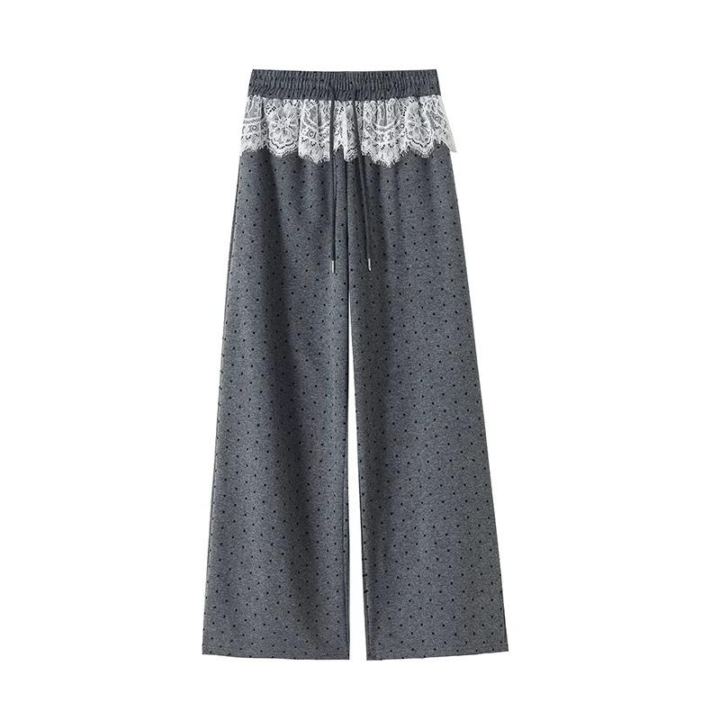 Petite Gray Lace Panel Polka Dot Loose Wide-Leg Sweatpants for Women