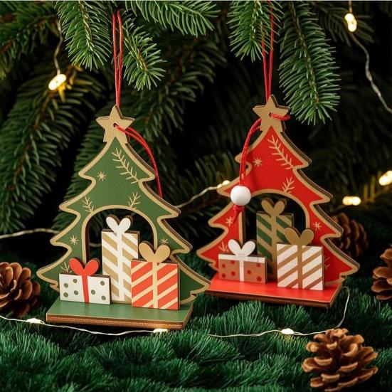 Wooden Christmas Tabletop Decorations Tree Decoration, Winter Xmas Gift Box Tiered Decorative Figurines for Home Tray Centerpiece, Rustic Table
