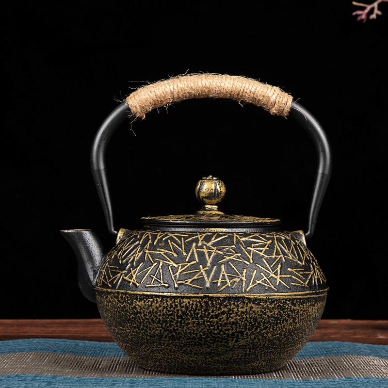 Cast Iron Boiling Teapot for Tea Brewing, Traditional Heating Water Kettle, Charcoal Stove Compatible, Rustic Black