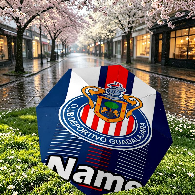 Custom Name Personalized Club Deportivo Guadalajara Print Umbrella, Auto Open Close, 8‑Rib Sturdy Frame, Commute Camping Hiking Use, Birthday Gift