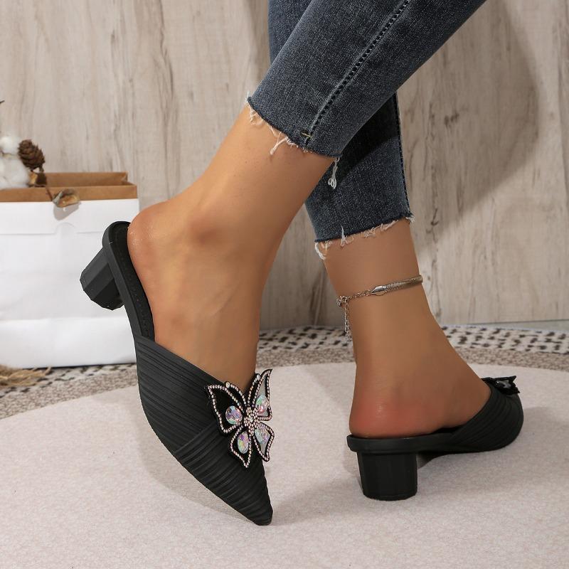 Fashion Women's Baotou Slippers Spring New Pointed Head Shallow Mouth Rhinestone Butterfly Knot Anti-slip Wear-resistant High Heels