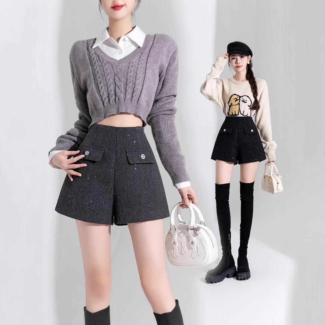 

2024 Autumn/Winter High-Waist Sequin Wool Blend Loose Korean Style Wide-Leg Shorts M