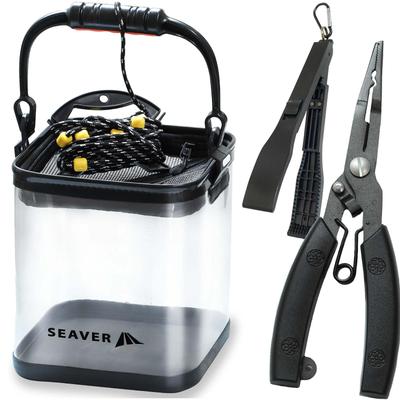 Conjunto de Balde de Pesca Transparente de 3 Peças SEAVER (Escolha entre 20cm ou 24cm) [Veja Peixe num Relance] Material de Pesca, Gaveta de Água, Alicates Dobráveis, e