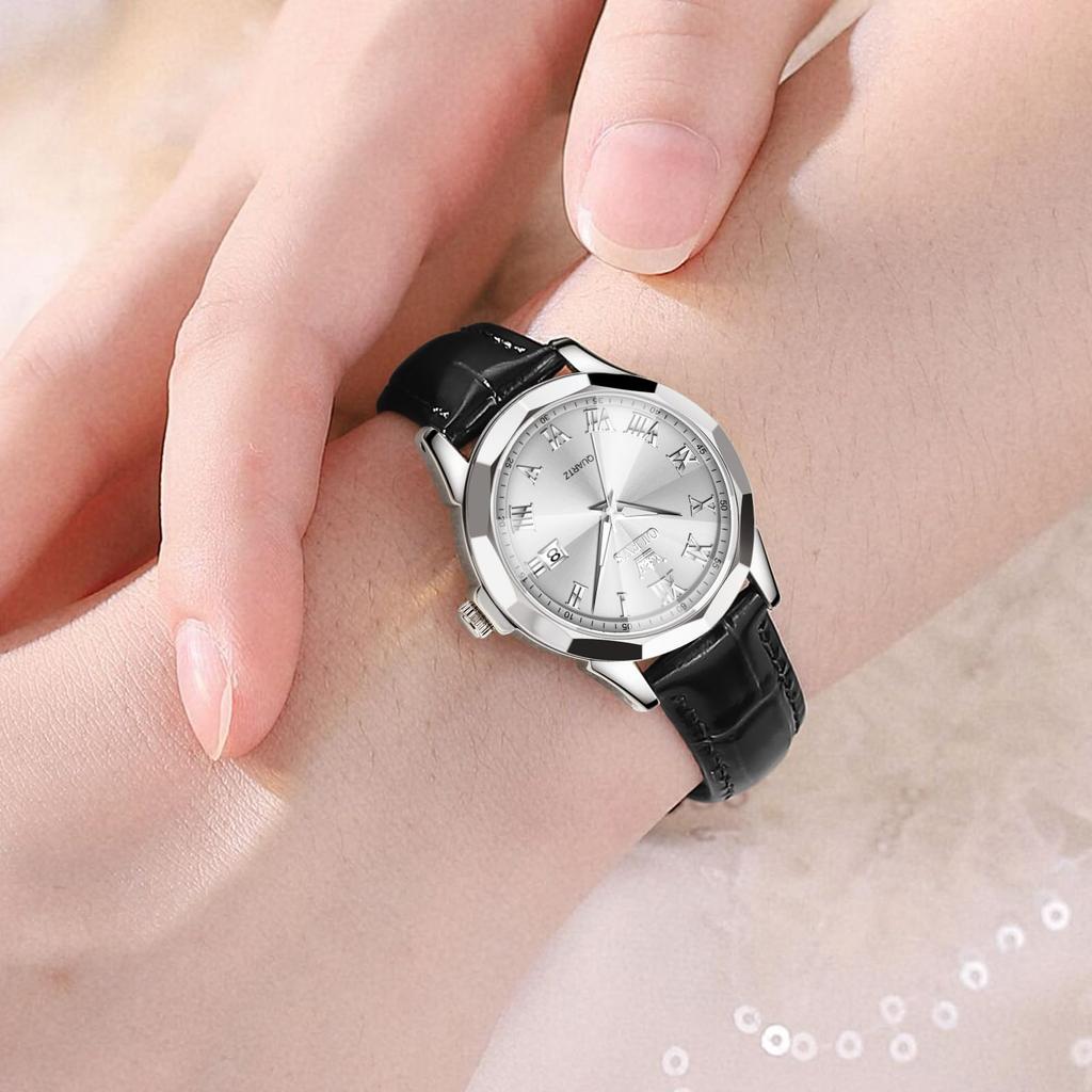 OLEVS Watch Waterproof Beautiful Stylish Arm Watch Popular Analog Quartz Roman Dial Watch Silver White Women Watch Business Watch Black Leather Strap