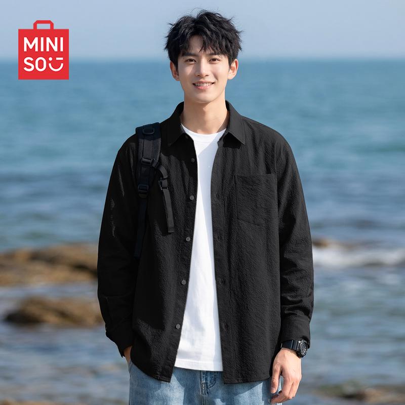 MINISO Men s American Retro Textured Long-Sleeve Casual Shirt 4XL