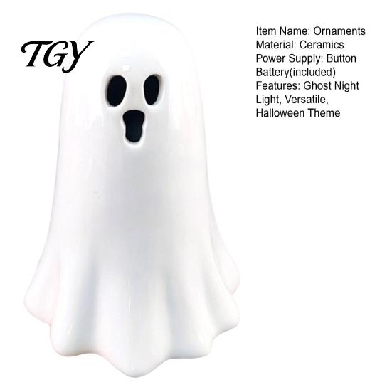 Halloween Ghost Night Light Ceramic Hollow Light, Cute LED Glow Unique Gifts Lamp, White Ceramics Figurine for Holiday Party Decoration Battery