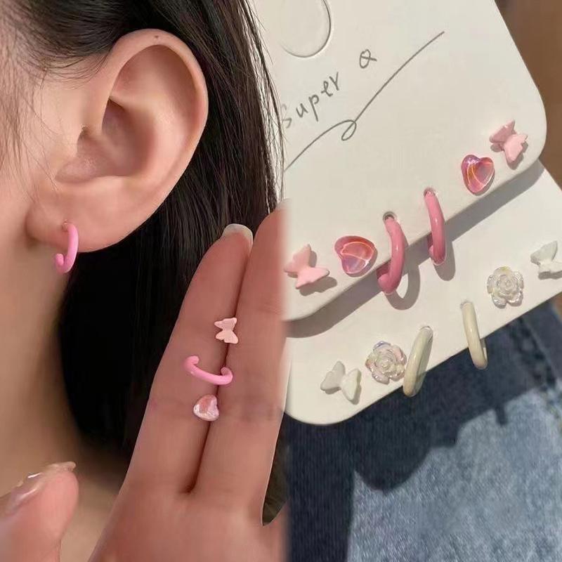 3Pair/Set Korean Pink Heart Butterfly Flower Stud Earrings For Women Girls Sweet Cute Small Circle Piercing Earrings Set Jewelry