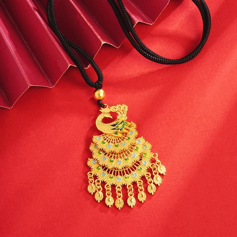Ethnic Style Enamel Peacock Opening Screen Retro Phoenix Dynamic Necklace Pendant 60CM(Necklace Long)
