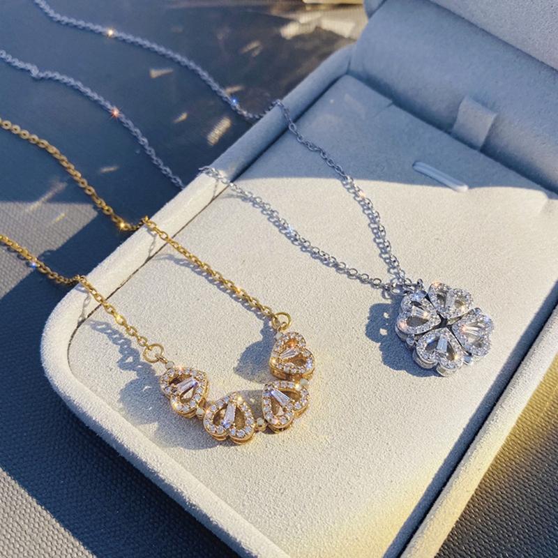 Heart Shaped & Four Leaf Clover Convertible Pendant Necklace Advanced Sense Necklace Crystals Jewelry for Women Girls