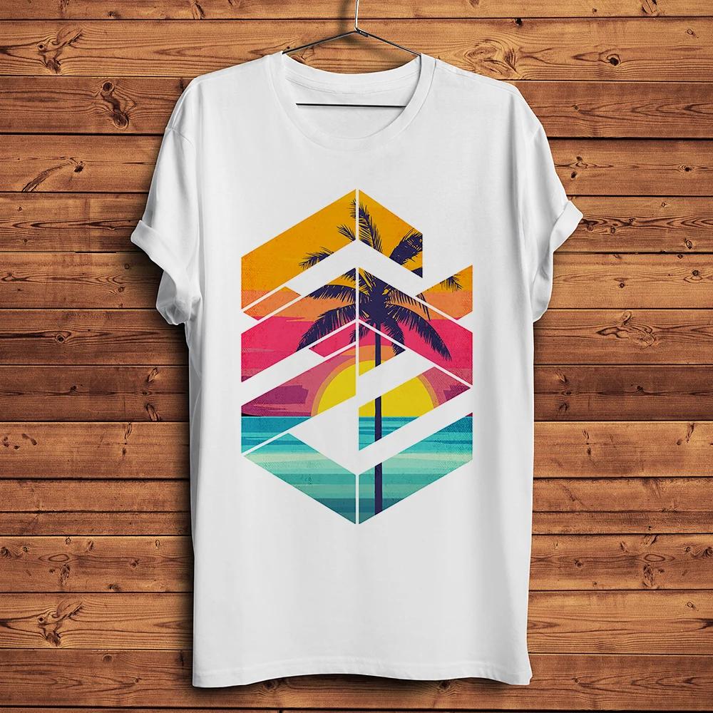 

Geometric Sunset Sunrise Palm Beach Funny Nature Style T ShirtWhite Casual Short Sleeve Unisex TshirtBreathable Print S
