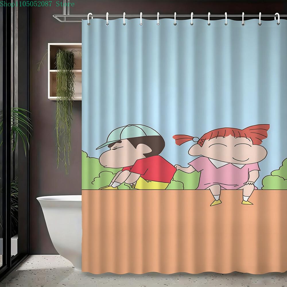 Crayon Shin-Chan & Himawari Superhero Press Conference Scene 2D Print Waterproof Shower Curtain, Blue Cityscape Bathroom Decor W