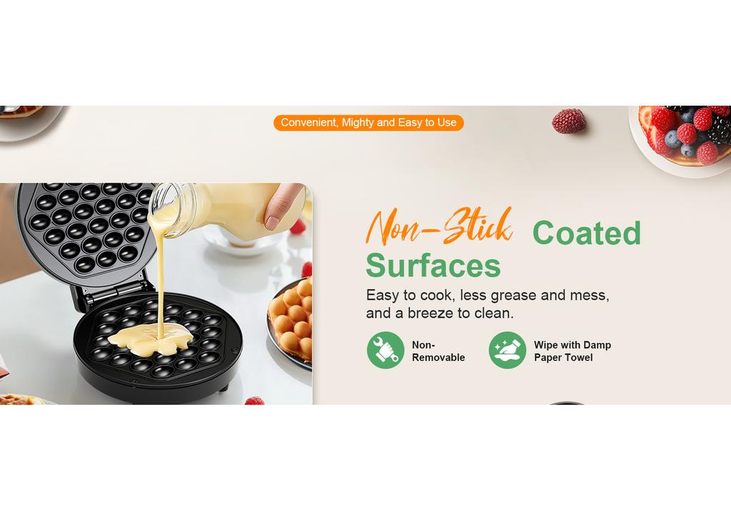 7" Non-Stick 950W Bubble Waffle Maker Efficient Electric Griddle Perfect for Creative Ice Cream Desserts