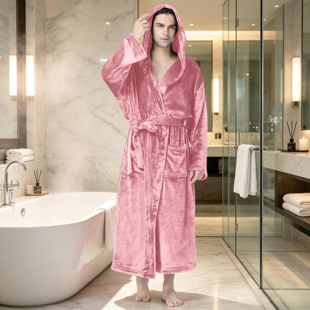 Men's Hooded Plush Bathrobe with Pockets - Soft Spa Robe for Relaxation, Sleepwear