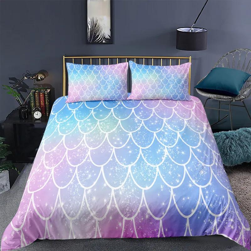 Comforter Mermaid Fish Scales Magical Colorful Seamless Pattern With Fish Scale Net Print Bedding Set Microfiber
