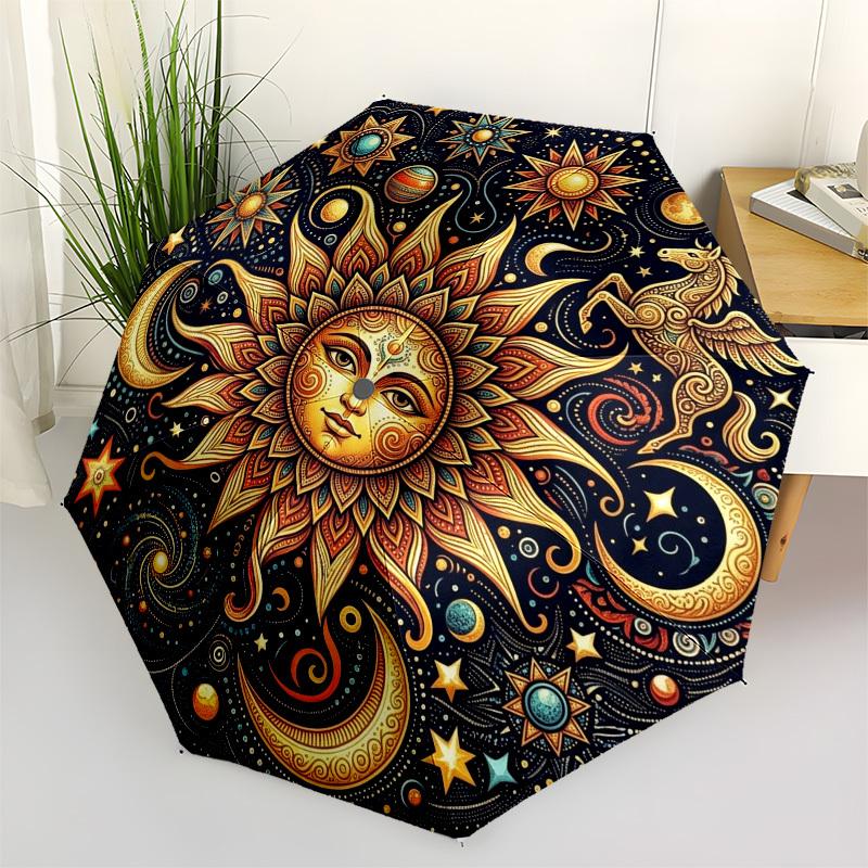 1pc Sun, Celestial, Mandala Umbrella with Plastic Handle,Compact & Stylish,Suitable for All Seasons YS331069