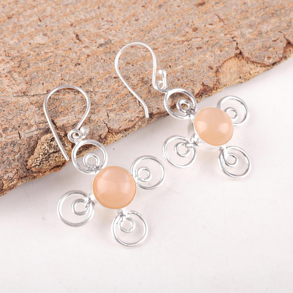 Peach Moonstone Gemstone Jewelry, 925 Solid Sterling Silver Earrings, Handmade Gorgeous Silver Earrings, For Wedding Gift