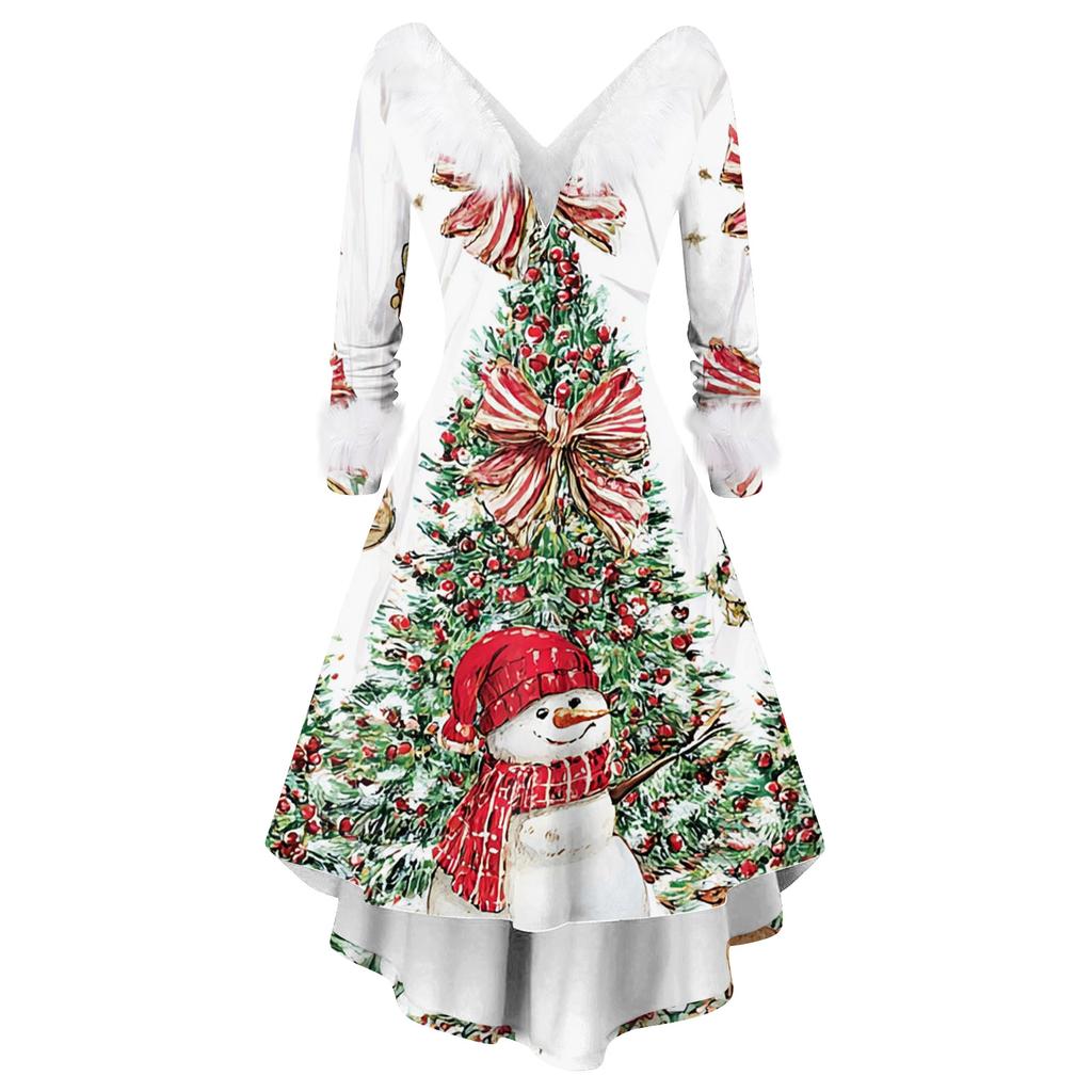 Damesmode Elegante Herfst En Winter Lange Mouw V-Hals Kerstprint Jurk