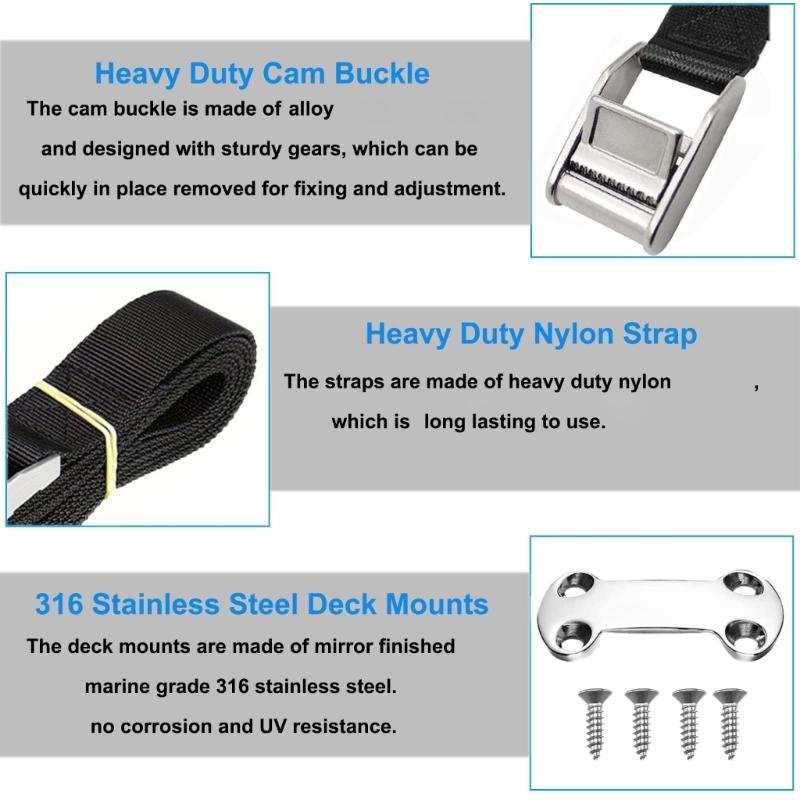 Deck Mount Ice Chest Securing Tie Down Kit with Buckle Straps, 2m Nylon Webbing and Stainless Steel Hardware