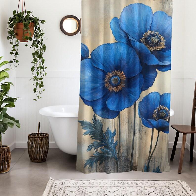 Blue Poppy Shower Curtain - Botanical Flower Decor, Nature Inspired, Vintage Wildflower, Boho Cottagecore Accent W90XH180cm