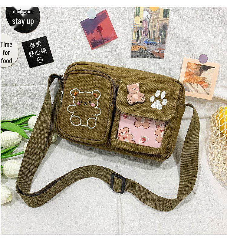 Japanese Soft Girl Canvas Crossbody Bag with Embroidered Bear - Vintage Style Student Bag