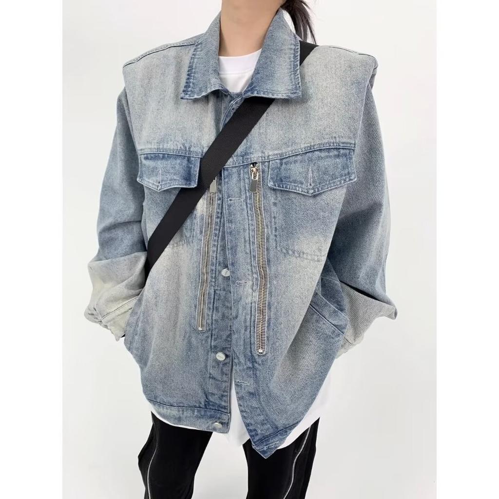 American Retro Washed Denim Jacket Men'S And Women'S Trendy Brand Niche Shoulder Padded Design Versatile Couple Jacket