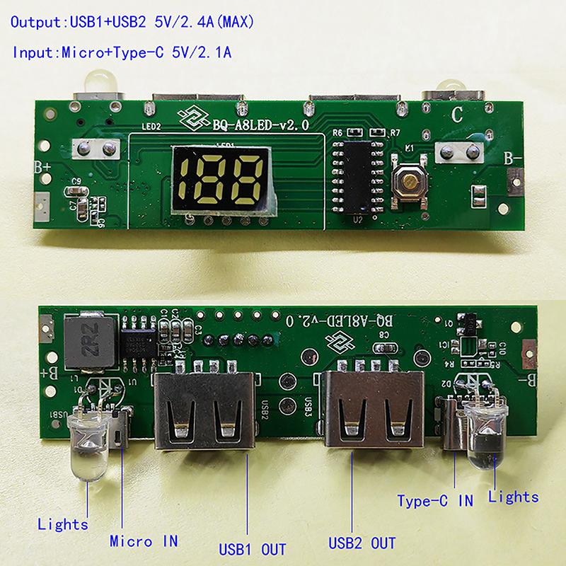 5V 2A Digital Display Power Bank Circuit Strip Module Type-C Micro Usb A8188Mobile Power Motherboard