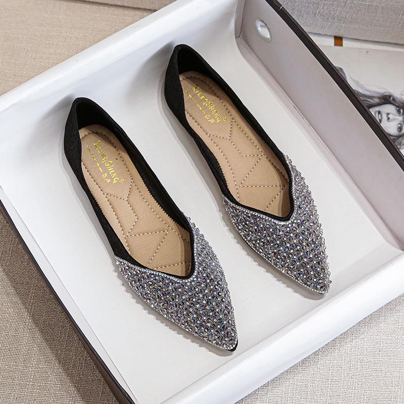 Single shoes women's new shallow mouth pointed rhinestone flat bottom ladyshoes versatile soft sole Doudou shoes large size women's shoes