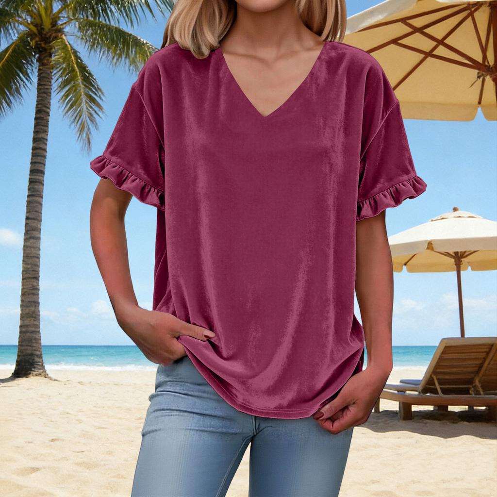 Women's Fashion V-Neck Short-Sleeve T-Shirt: -Color, Loose-Fit Casual Top