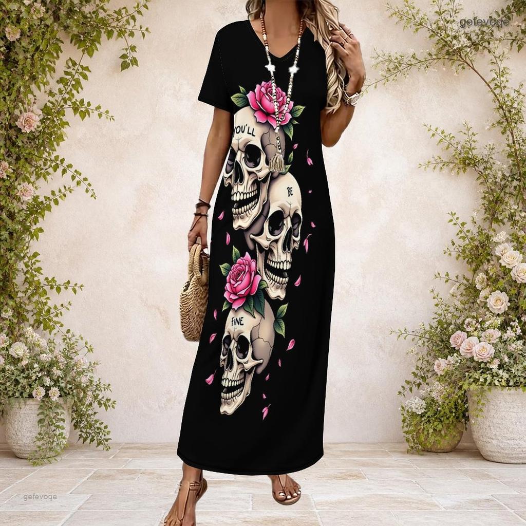 Women Plus Size Black White V Neck Short Sleeve Butterfly Printed Long Dress