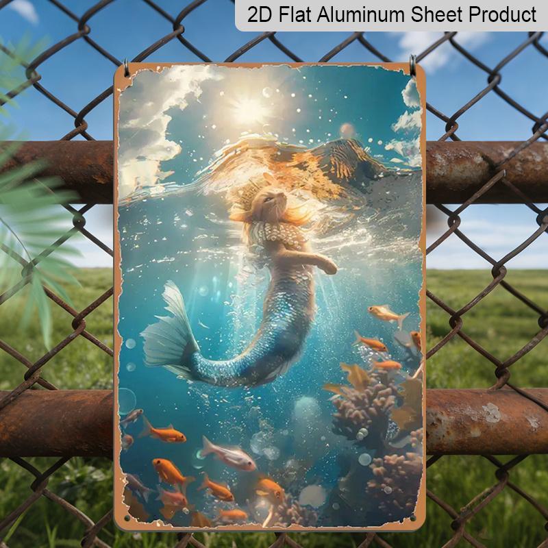 

2D Flat, 1pc 7.87*11.8 Inch Vintage Mermaid & Sea Life Aluminum Sign - Enchanting Underwater Scene with Iridescent Wings, Shimmering Scales & Fish 20*30cm
