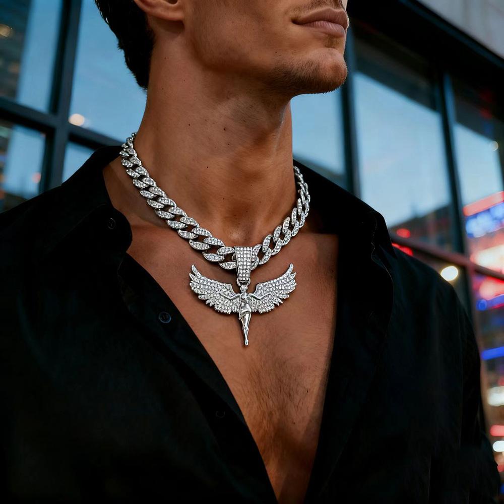 Voll besetzter Diamant Engelsgöttin Legierung Anhänger für Männer und Frauen, Trendy, Personalisiert, Modischer Hip Hop, U-förmige Cubanische Halskette