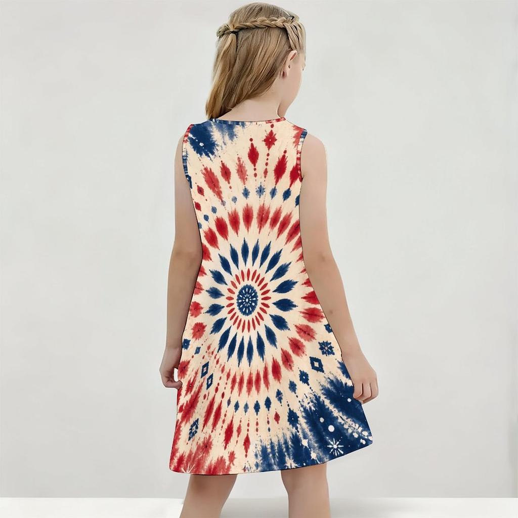 Girls Round Neck Sleeveless Navy Blue Starry Printed A Line Flared Dress