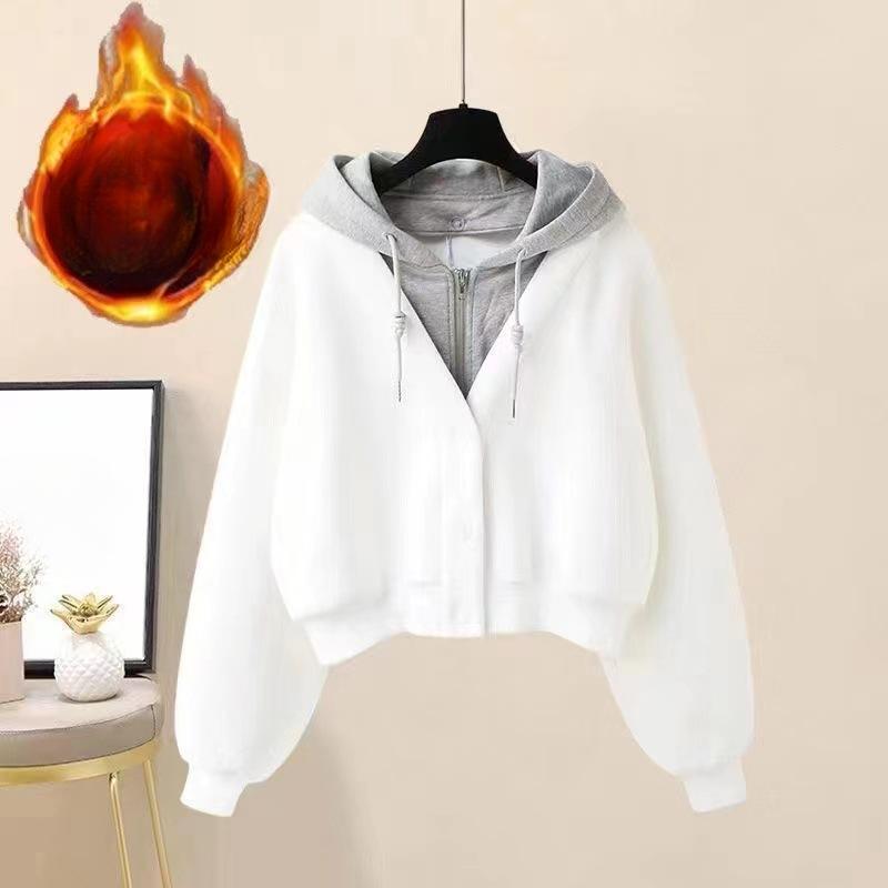 Velvet Thickened Sweatshirt for Women In Autumn and Winter Design Cardigan Hooded Zipper Jacket Fashionable Loose Slimming Two Pieces