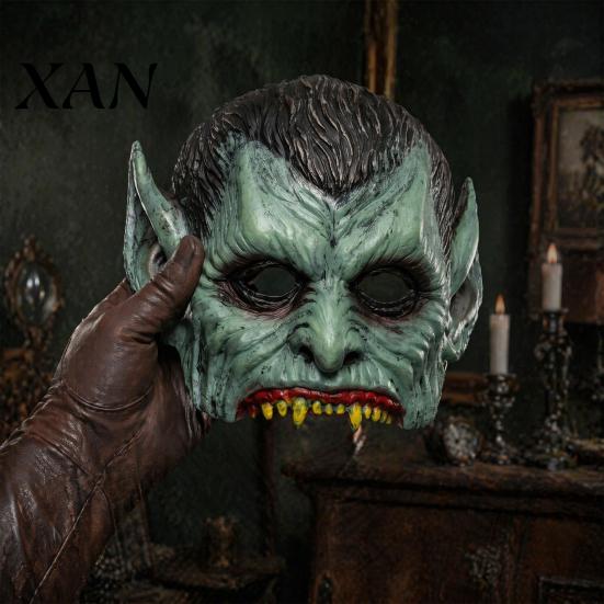 Gruseliges Halloween-Kostümzubehör Grüne Vampirmaske, Halbgesichtsmaske mit spitzen Ohren & scharfen Zähnen, Retro verwittert Party Leichtgewicht PU