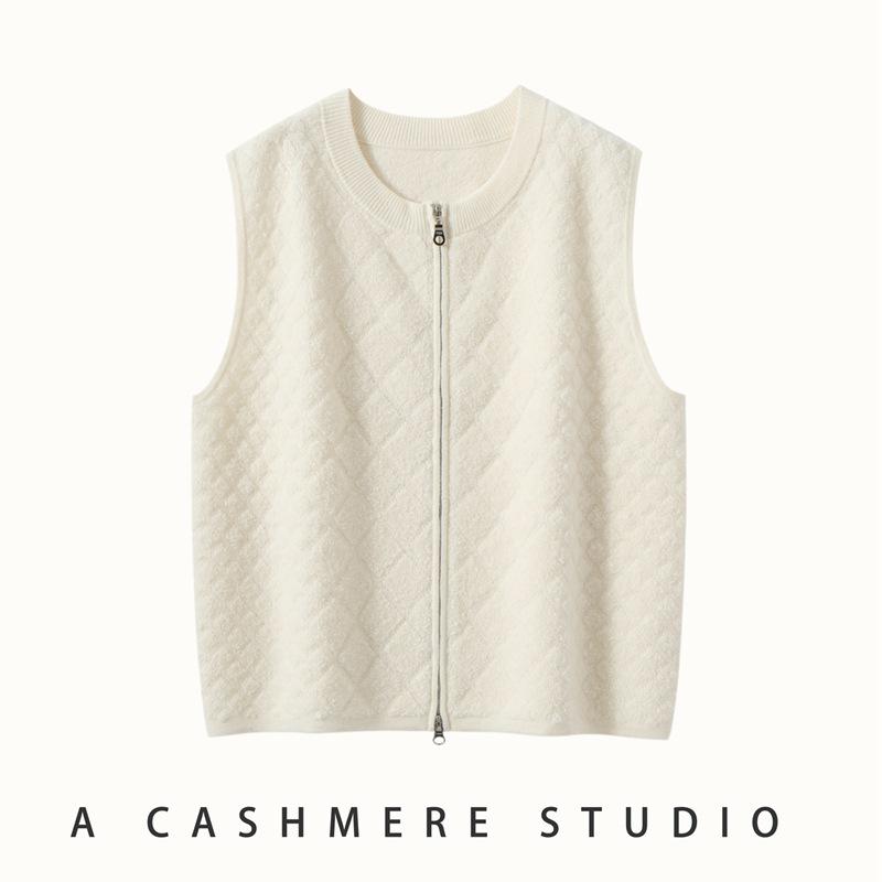 Women's Diamond Knit Cashmere Zipper Cardigan Vest - Loose, Thickened for 2025 Autumn/Winter