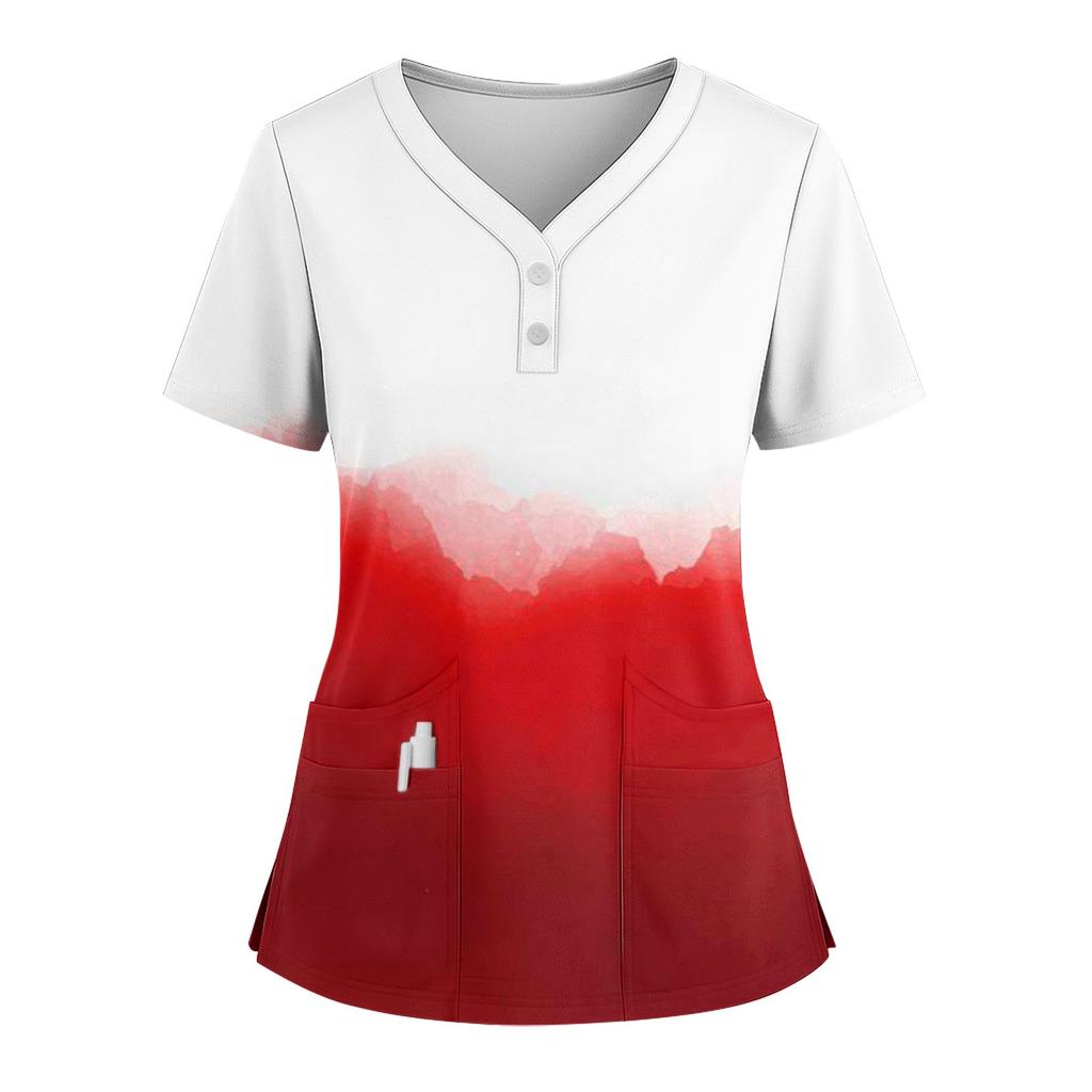 Women's Loose Short Sleeved Fashionable Square Printing V-neck Buttonable Side Slit Top T-shirt