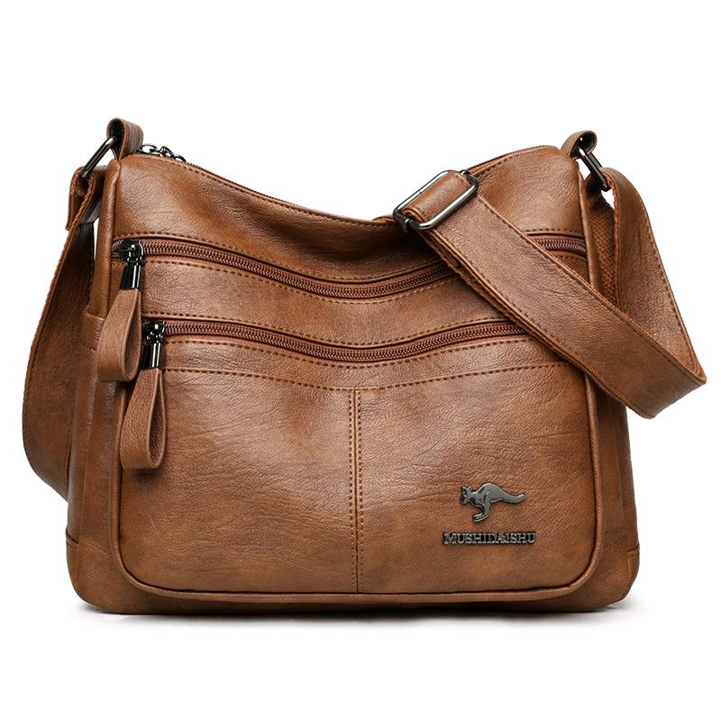 DC-HOME-3 Kangoeroe Zacht Leer Crossbody Tassen voor Vrouwen Vintage Multi-vak Schoudertassen Designer Dames Casual Messenger Handtas bruin