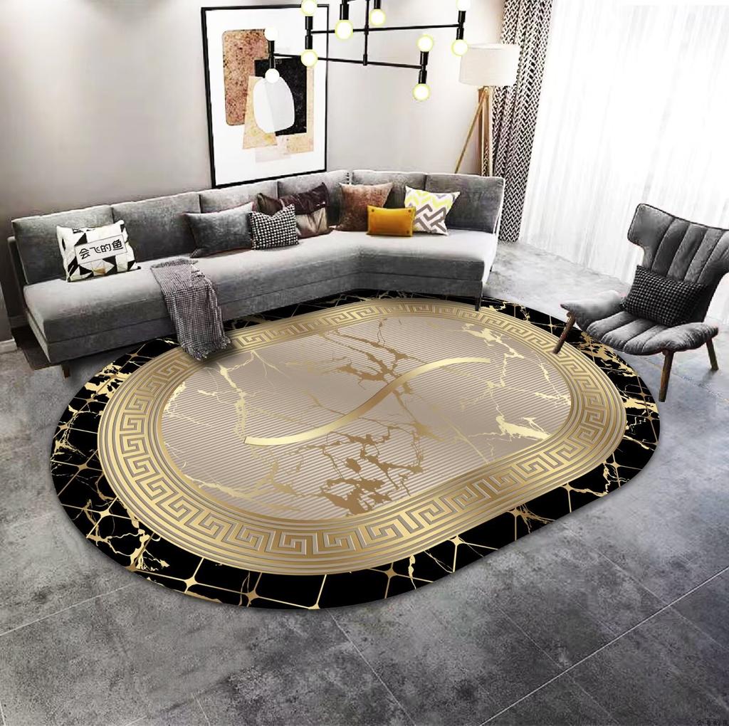 Zlatá Luxusní Dekorace Domova Oválný Koberec Špičkový Velký Plošný Koberec Pod Pohovku do Obývacího Pokoje Koberec pro Dekoraci Ložnice Hotelová Hala Protiskluzová Podložka na Nohy