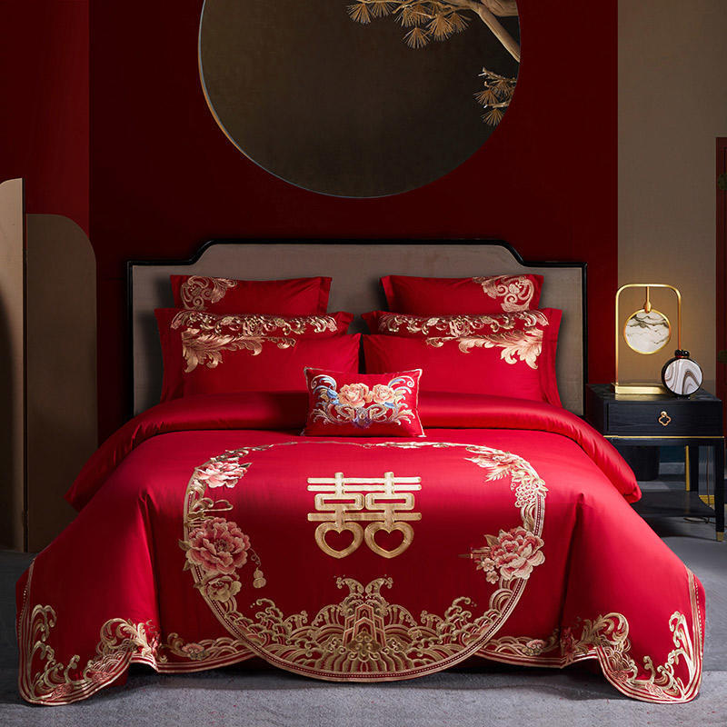

Chinese style pure cotton embroidered bright red wedding four-piece set and ten-piece wedding bed sheet and quilt cover
