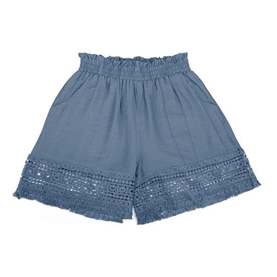 

Женские шорты с карманами, однотонные полые брюки с манжетами и эластичной резинкой на талии, повседневная одежда, свободные летние короткие брюки с высокой талией для пляжного отдыха S синий