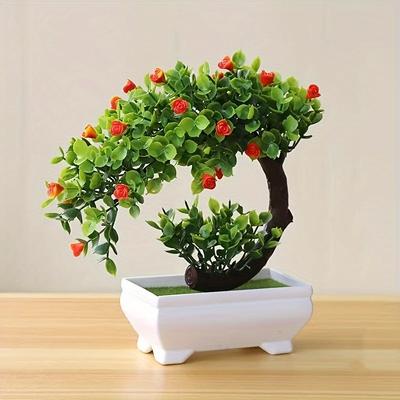 Charming Mini Crescent Rose Bonsai - Artificial Plant with Pot for Home Office Garden Decor