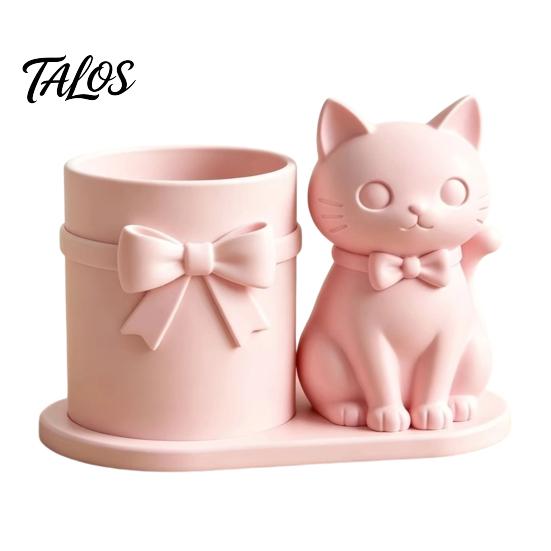 Cat Pen Holder, Cute Kitty Desk Organizer with Pens, Pencils, Makeup Brushes, 3D Printed Cat Sculpture for Home Office Desk Decor