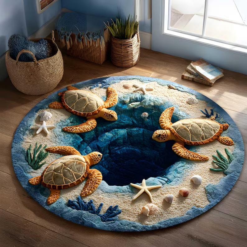 3D-Effekt Druck Schildkröten Teppich Meeres Tier Runder Teppich Meeresleben Heimdekoration Meeresgeschenk Türkisfarbener Meeresschildkröten Teppich Schildkröten Liebhaber Geschenk 40x40cm