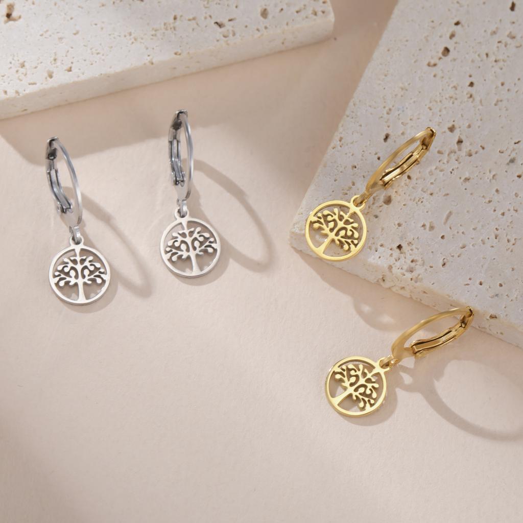Tree of Life Round Drop Earrings Stainless Steel Hoop Earring Fashion Amulet Jewelry Birthday Gift for Women Girls