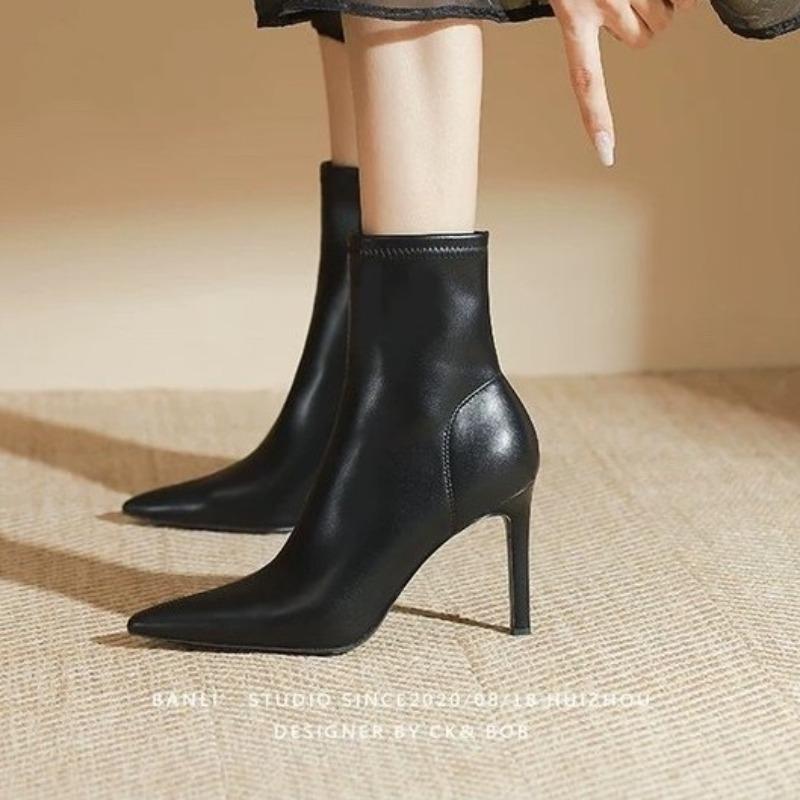 

Модные женские ботильоны с острым носком и высоким каблуком, новинка 2025 года, осень/зима, французский каблук-стилет, средней высоты, облегающие ботинки из эластичной кожи 38