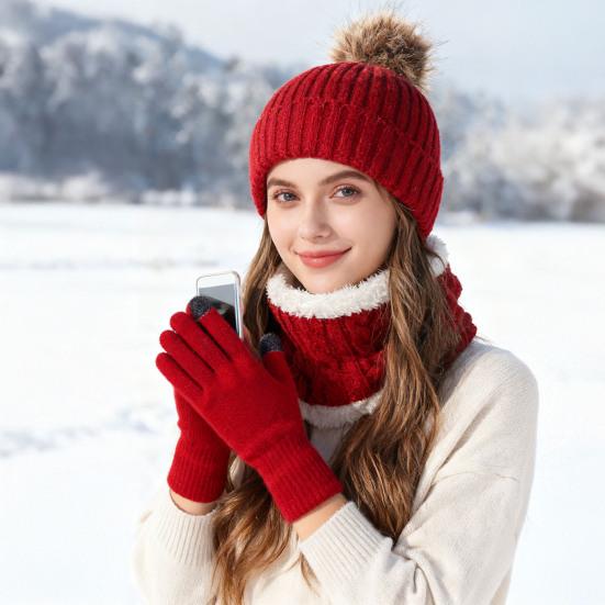 3Pcs/Set Winter Hat Scarf Gloves Set Solid Color Twist Texture Velvet Lining Winter Hat Neck Warmer Gloves Set Cold Weather Gear