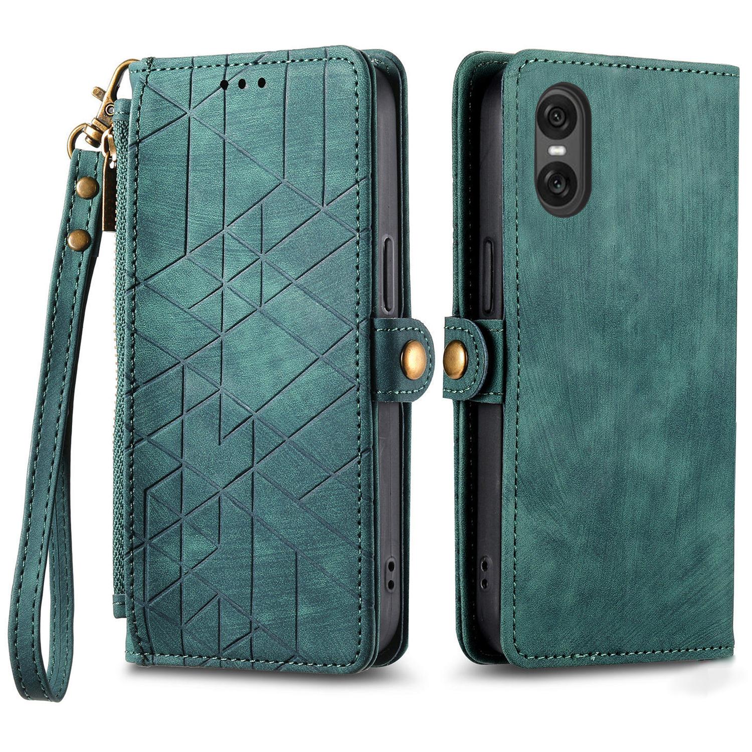 

Чехол-кошелек на молнии для Sony Xperia 10 VI, кожаный чехол для телефона с ремешком, с геометрическими линиями Green