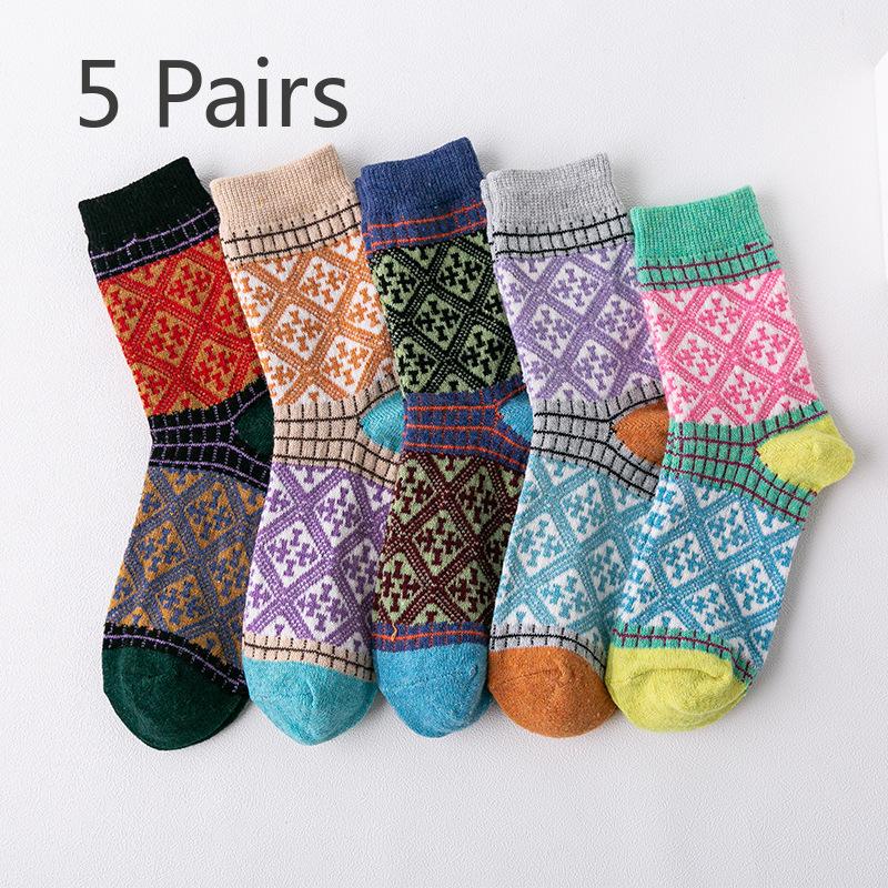 

5 пар новых зимних женских шерстяных носков до середины икры в этническом стиле с кроликом 5 Pairs