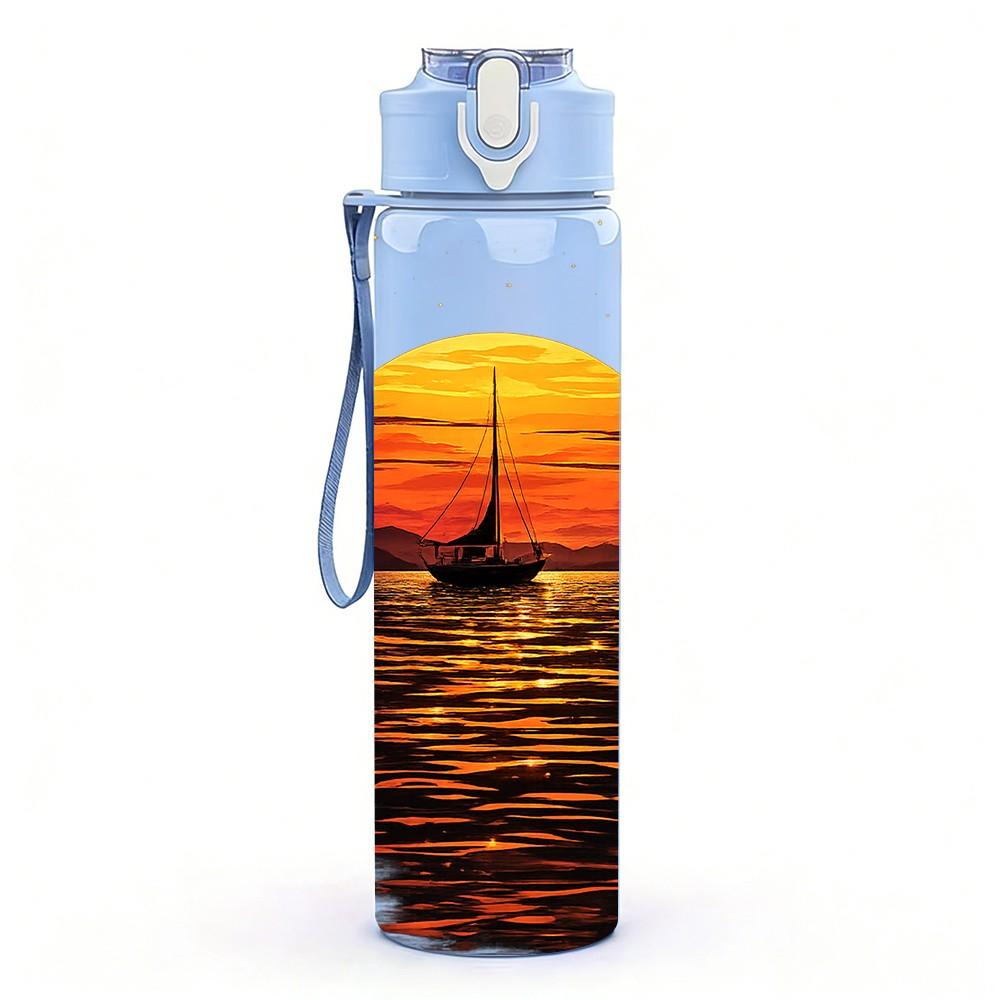 1PC Sunset Ocean Boat Water Scenery Print 750ml Color Plastic Sports Water Bottle Leakproof Flip Straw Lid Suitable for Sports Office Home Use
