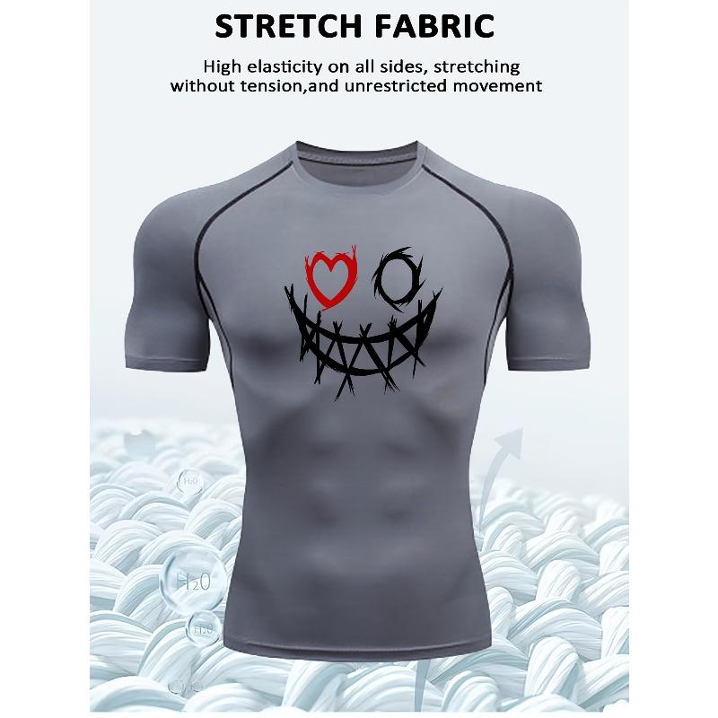 Men's White Evil Smile Print Compression T-Shirt, Quick Dry Breathable Workout Top